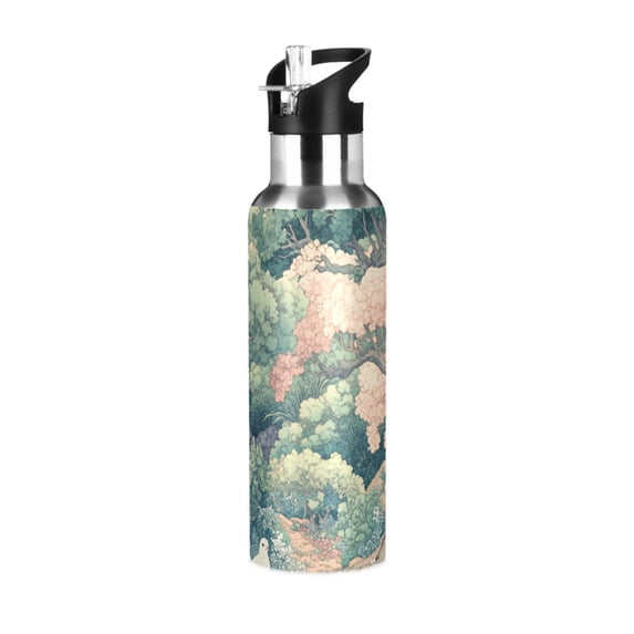 Yayeee 20oz Insulated Water Bottle Double Wall Stainless Steel with Flip Straw Lid, Floral Forest Pattern