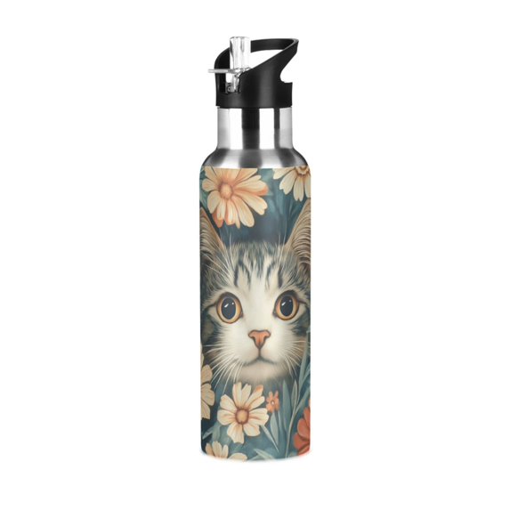 Yayeee 20oz Insulated Water Bottle Double Wall Stainless Steel with Flip Straw Lid, Flowers Cat
