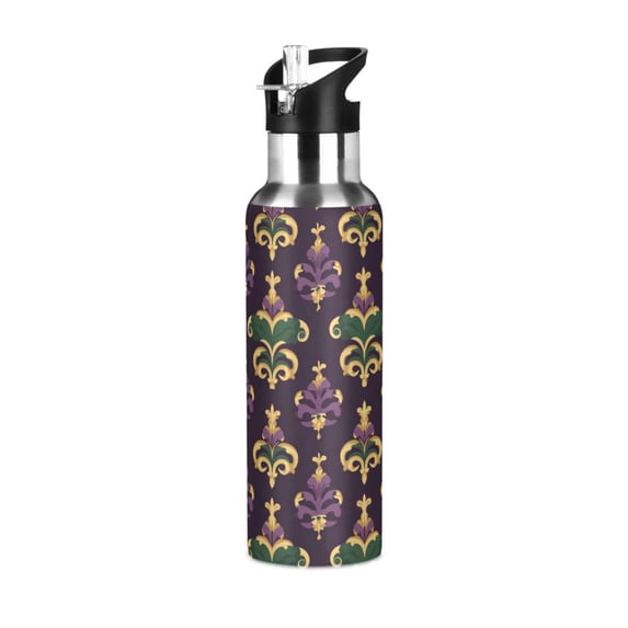 Yayeee 20oz Insulated Water Bottle Double Wall Stainless Steel with Flip Straw Lid, Gold and Purple Floral Pattern