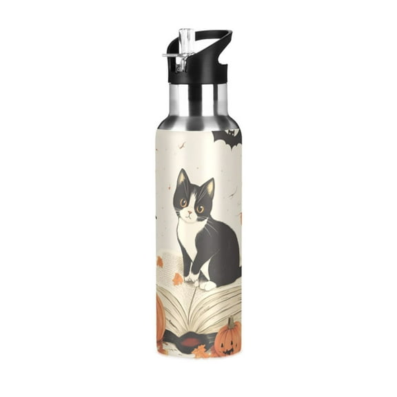 Yayeee 20oz Double Wall Stainless Steel Water Bottle with Flip Straw, Gray Cartoon Halloween Cat