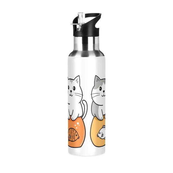 Yayeee 20oz Double Wall Stainless Steel Water Bottle with Flip Straw, Gray Cute Cat