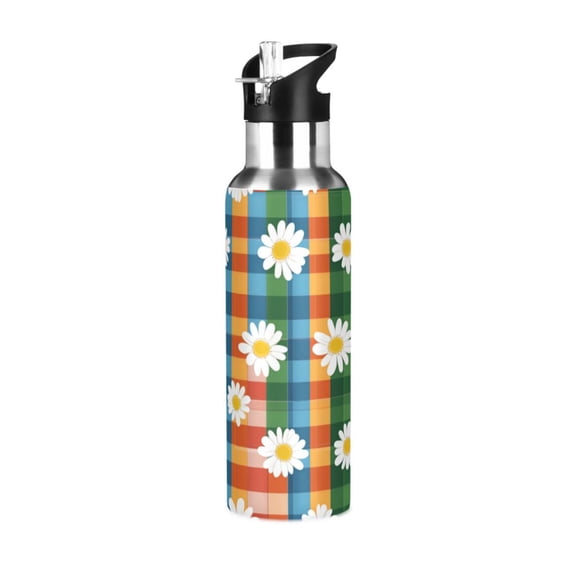 Yayeee 20oz Double Wall Stainless Steel Water Bottle with Flip Straw, Green Checkered Daisy