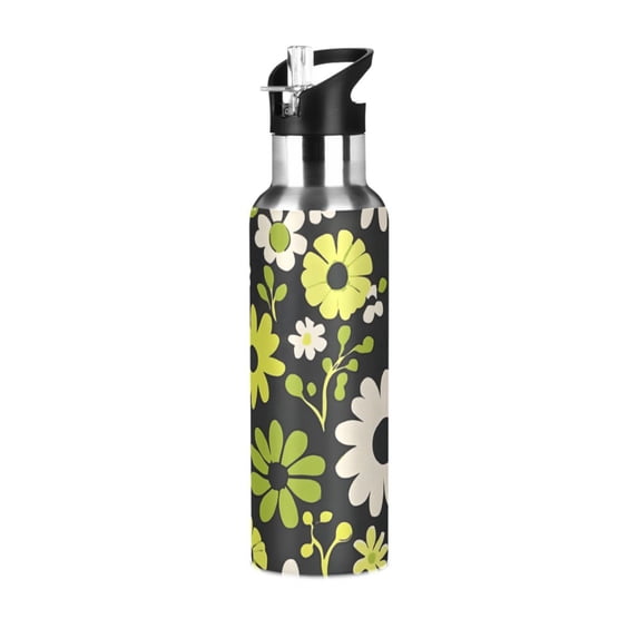Yayeee 20oz Insulated Water Bottle Double Wall Stainless Steel with Flip Straw Lid, Green Flower Pattern
