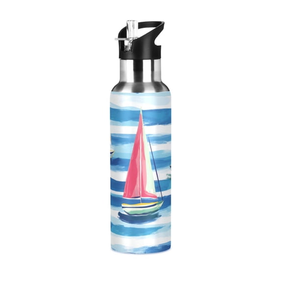 Yayeee 20oz Insulated Water Bottle Double Wall Stainless Steel with Flip Straw Lid, Green Sailboats