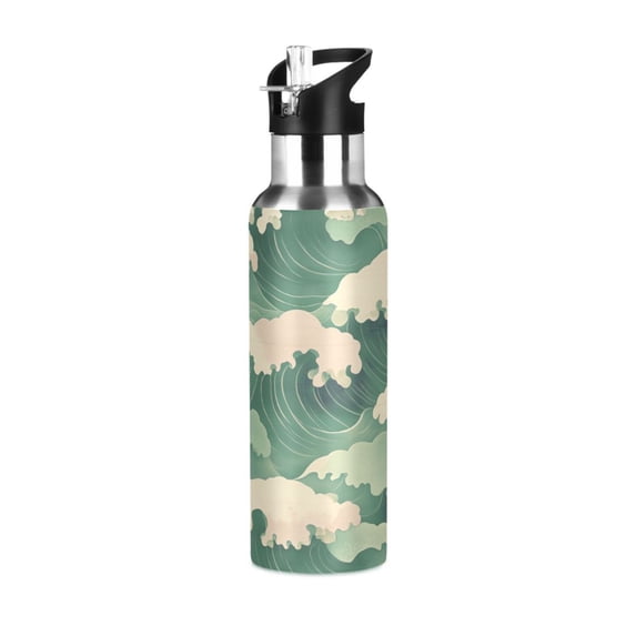 Yayeee 20oz Insulated Water Bottle Double Wall Stainless Steel with Flip Straw Lid, Green Wave Pattern