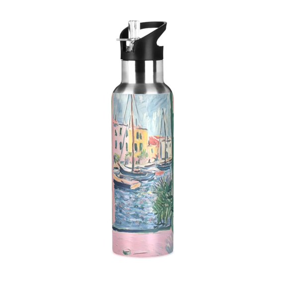 Yayeee 20oz Insulated Water Bottle Double Wall Stainless Steel with Flip Straw Lid, Green Window Sea