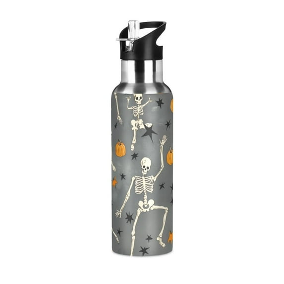 Yayeee 20oz Double Wall Stainless Steel Water Bottle with Flip Straw, Halloween Dancing Skeleton