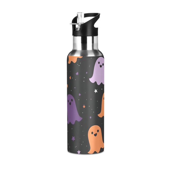 Yayeee 20oz Double Wall Stainless Steel Water Bottle with Flip Straw, Halloween Orange Ghosts