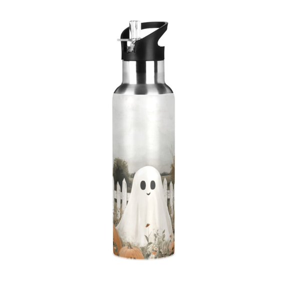 Yayeee 20oz Insulated Water Bottle Double Wall Stainless Steel with Flip Straw Lid, Halloween Pumpkin Field