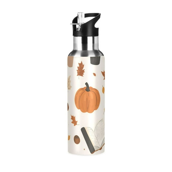 Yayeee 20oz Double Wall Stainless Steel Water Bottle with Flip Straw, Hand Drawn Pumpkin