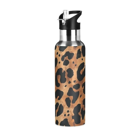 Yayeee 20oz Double Wall Stainless Steel Water Bottle with Flip Straw, Leopard Pattern