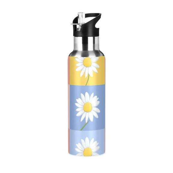 Yayeee 20oz Double Wall Stainless Steel Water Bottle with Flip Straw, Light Blue Daisy