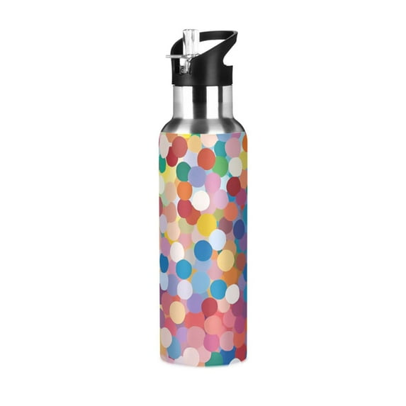 Yayeee 20oz Double Wall Stainless Steel Water Bottle with Flip Straw, Light Colorful Circles