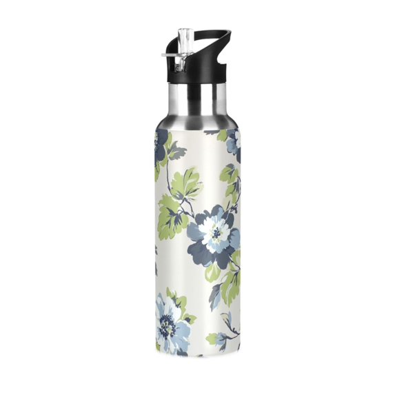 Yayeee 20oz Double Wall Stainless Steel Water Bottle with Flip Straw, Light Floral Pattern