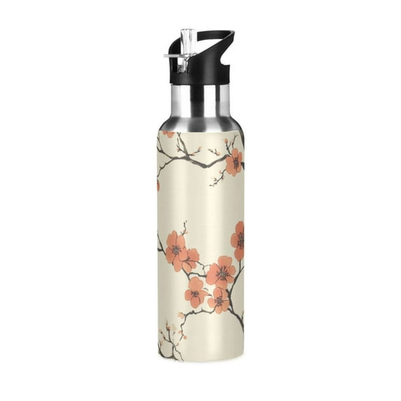 Yayeee 20oz Double Wall Stainless Steel Water Bottle with Flip Straw, Light Red Flowers