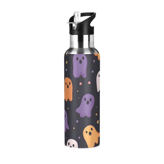 Yayeee 20oz Insulated Water Bottle Double Wall Stainless Steel with Flip Straw Lid, Orange Halloween Ghosts