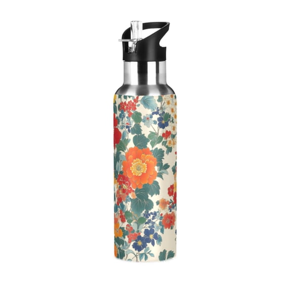 Yayeee 20oz Insulated Water Bottle Double Wall Stainless Steel with Flip Straw Lid, Orange Japanese Flowers Pattern