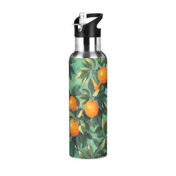 Yayeee 20oz Insulated Water Bottle Double Wall Stainless Steel with Flip Straw Lid, Orange Tree Pattern