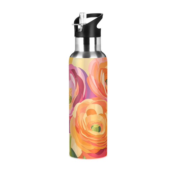 Yayeee 20oz Insulated Water Bottle Double Wall Stainless Steel with Flip Straw Lid, Pink Abstract Floral