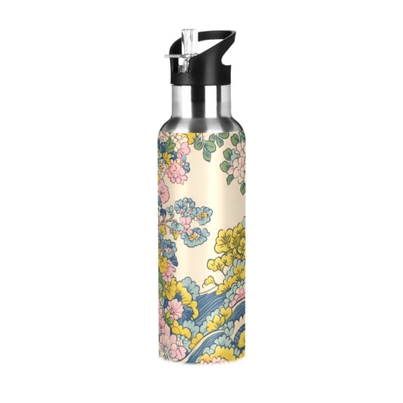 Yayeee 20oz Insulated Water Bottle Double Wall Stainless Steel with Flip Straw Lid, Pink Floral Wave