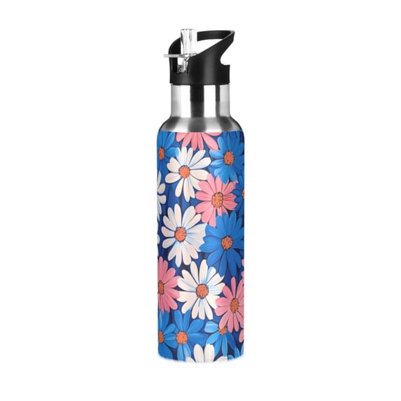 Yayeee 20oz Double Wall Stainless Steel Water Bottle with Flip Straw, Pink Flowers Pattern