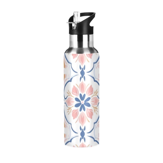 Yayeee 20oz Insulated Water Bottle Double Wall Stainless Steel with Flip Straw Lid, Pink Mosaic Pattern