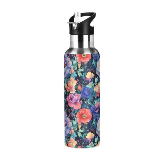 Yayeee 20oz Double Wall Stainless Steel Water Bottle with Flip Straw, Puprle Ethereal Floral Harmony