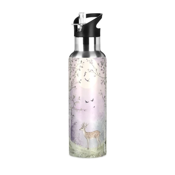 Yayeee 20oz Double Wall Stainless Steel Water Bottle with Flip Straw, Purple Deer