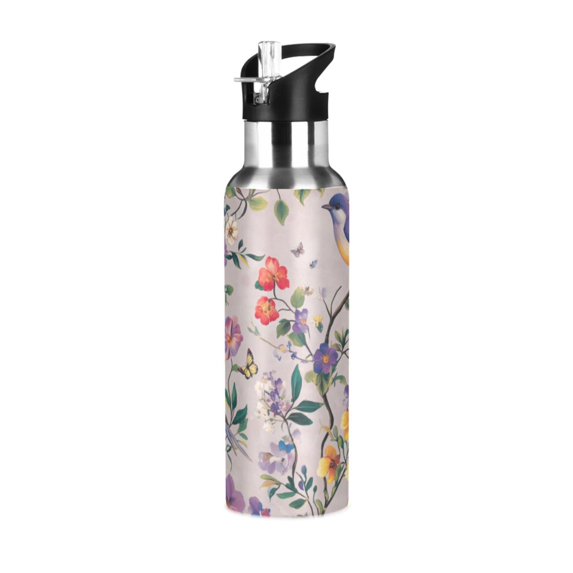 Yayeee 20oz Insulated Water Bottle Double Wall Stainless Steel with Flip Straw Lid, Purple Floral Pattern