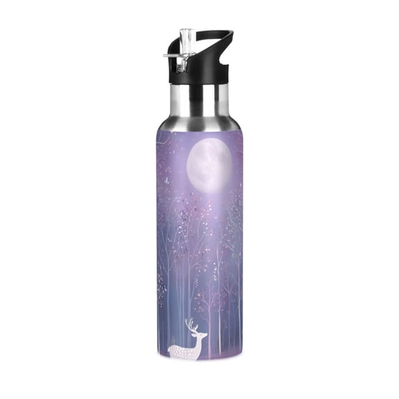 Yayeee 20oz Double Wall Stainless Steel Water Bottle with Flip Straw, Purple Forest