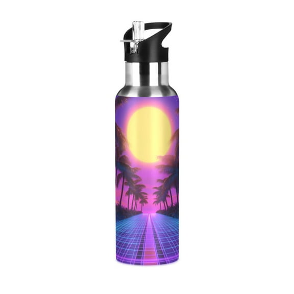 Yayeee 20oz Double Wall Stainless Steel Water Bottle with Flip Straw, Purple Neon Road