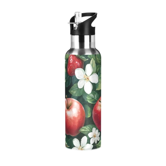 Yayeee 20oz Insulated Water Bottle Double Wall Stainless Steel with Flip Straw Lid, Red Apple Pattern