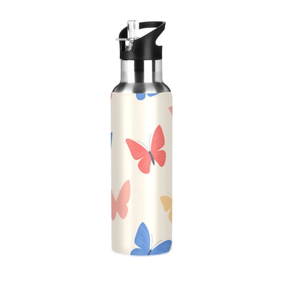 Yayeee 20oz Insulated Water Bottle Double Wall Stainless Steel with Flip Straw Lid, Red Butterflies