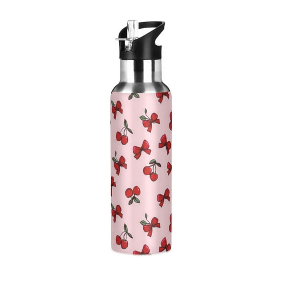 Yayeee 20oz Double Wall Stainless Steel Water Bottle with Flip Straw, Red Cherry Pattern
