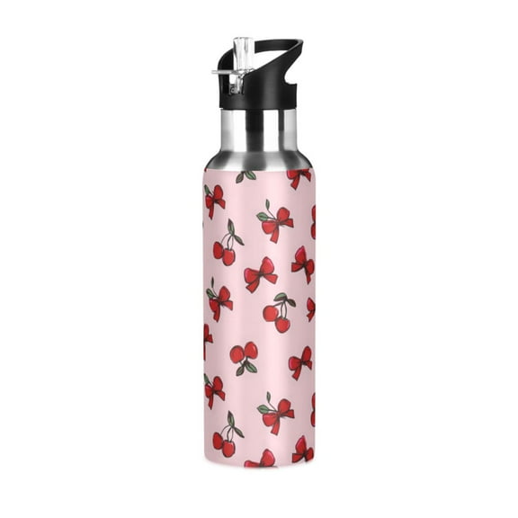 Yayeee 20oz Double Wall Stainless Steel Water Bottle with Flip Straw, Red Cherry Pattern