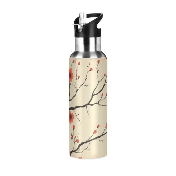 Yayeee 20oz Insulated Water Bottle Double Wall Stainless Steel with Flip Straw Lid, Red Floral Pattern