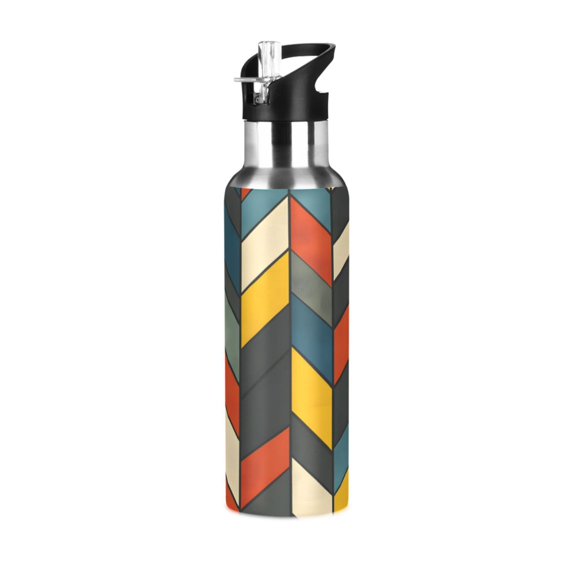 Yayeee 20oz Double Wall Stainless Steel Water Bottle with Flip Straw, Red Geometric