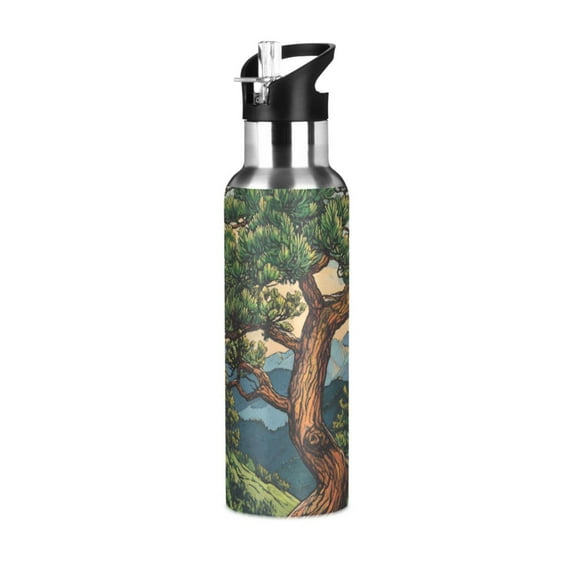 Yayeee 20oz Insulated Water Bottle Double Wall Stainless Steel with Flip Straw Lid, Retro Pine Tree