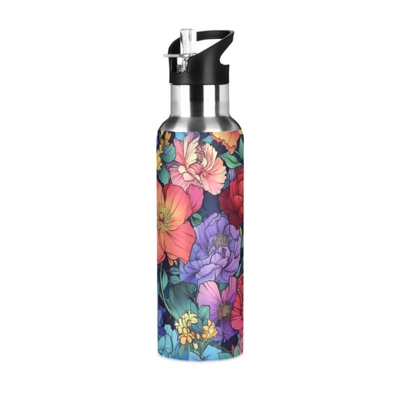 Yayeee 20oz Insulated Water Bottle Double Wall Stainless Steel with Flip Straw Lid, Serene Floral Pattern