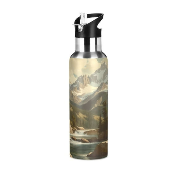 Yayeee 20oz Double Wall Stainless Steel Water Bottle with Flip Straw, Snow Mountains