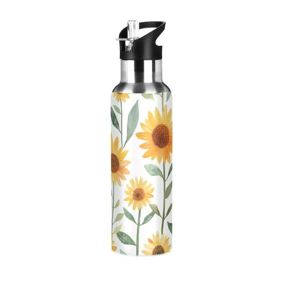 Yayeee 20oz Double Wall Stainless Steel Water Bottle with Flip Straw, Sunflowers and Leaves Pattern
