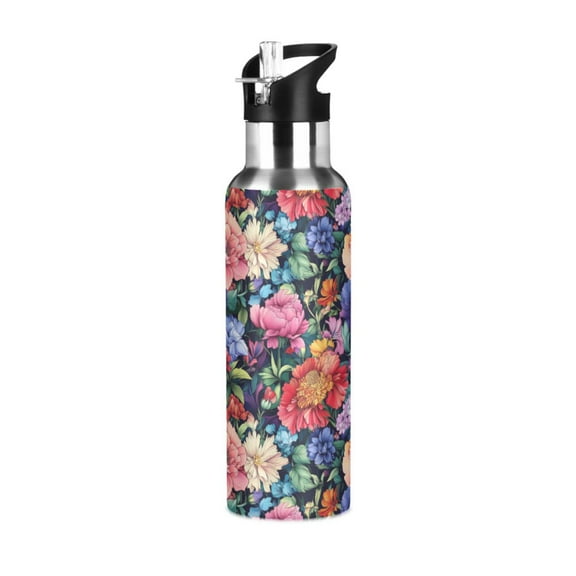 Yayeee 20oz Double Wall Stainless Steel Water Bottle with Flip Straw, Vibrant Pink Floral Pattern