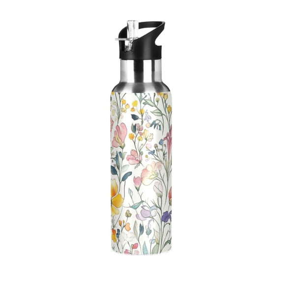 Yayeee 20oz Insulated Water Bottle Double Wall Stainless Steel with Flip Straw Lid, Watercolor Wildflowers