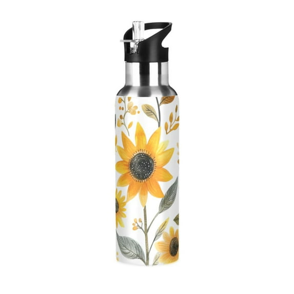 Yayeee 20oz Double Wall Stainless Steel Water Bottle with Flip Straw, White Watercolor Sunflowers