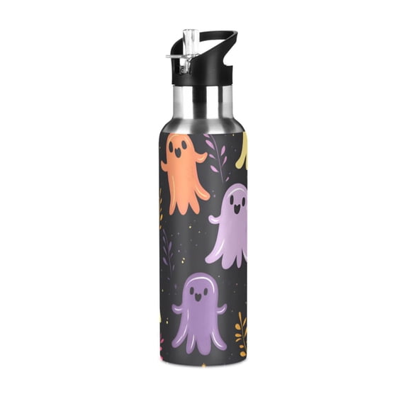 Yayeee 20oz Insulated Water Bottle Double Wall Stainless Steel with Flip Straw Lid, Yellow Halloween Ghosts