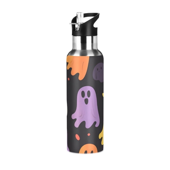 Yayeee 20oz Insulated Water Bottle Double Wall Stainless Steel with Flip Straw Lid, Yellow Halloween Ghosts