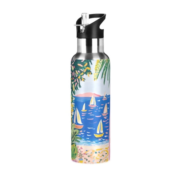 Yayeee 20oz Insulated Water Bottle Double Wall Stainless Steel with Flip Straw Lid, Yellow Seaside