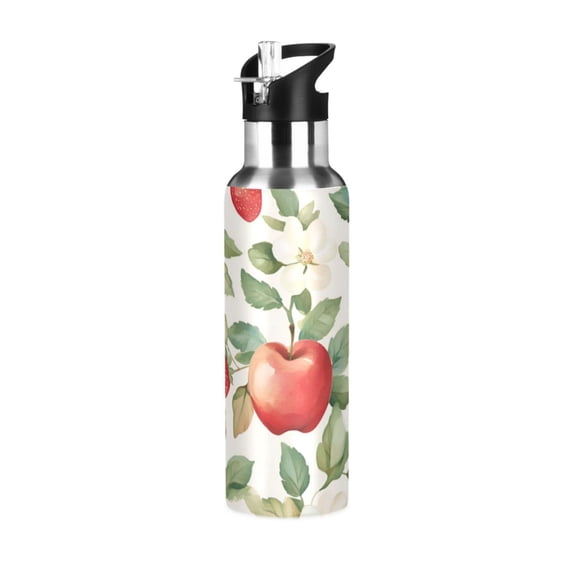 Yayeee 33oz Insulated Water Bottle Double Wall Stainless Steel with Flip Straw Lid, Beige Apple Pattern