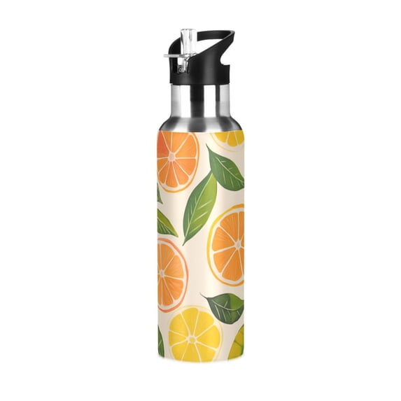 Yayeee 33oz Insulated Water Bottle Double Wall Stainless Steel with Flip Straw Lid, Beige Citrus Leaves