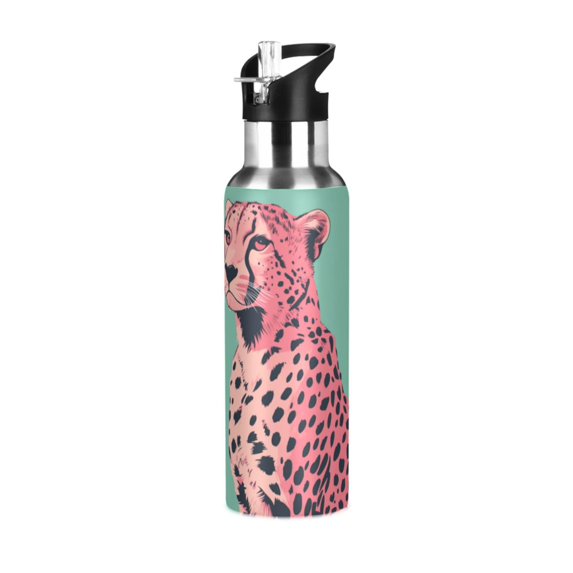 Yayeee 33oz Double Wall Stainless Steel Water Bottle with Flip Straw, Big Pink Cheetah